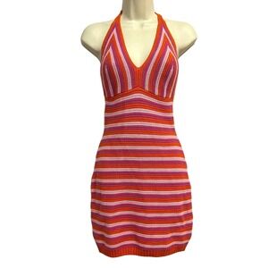 Stitch & Pine Crochet Halter Mini‎ Dress Womens Small Orange Pink Striped Boho